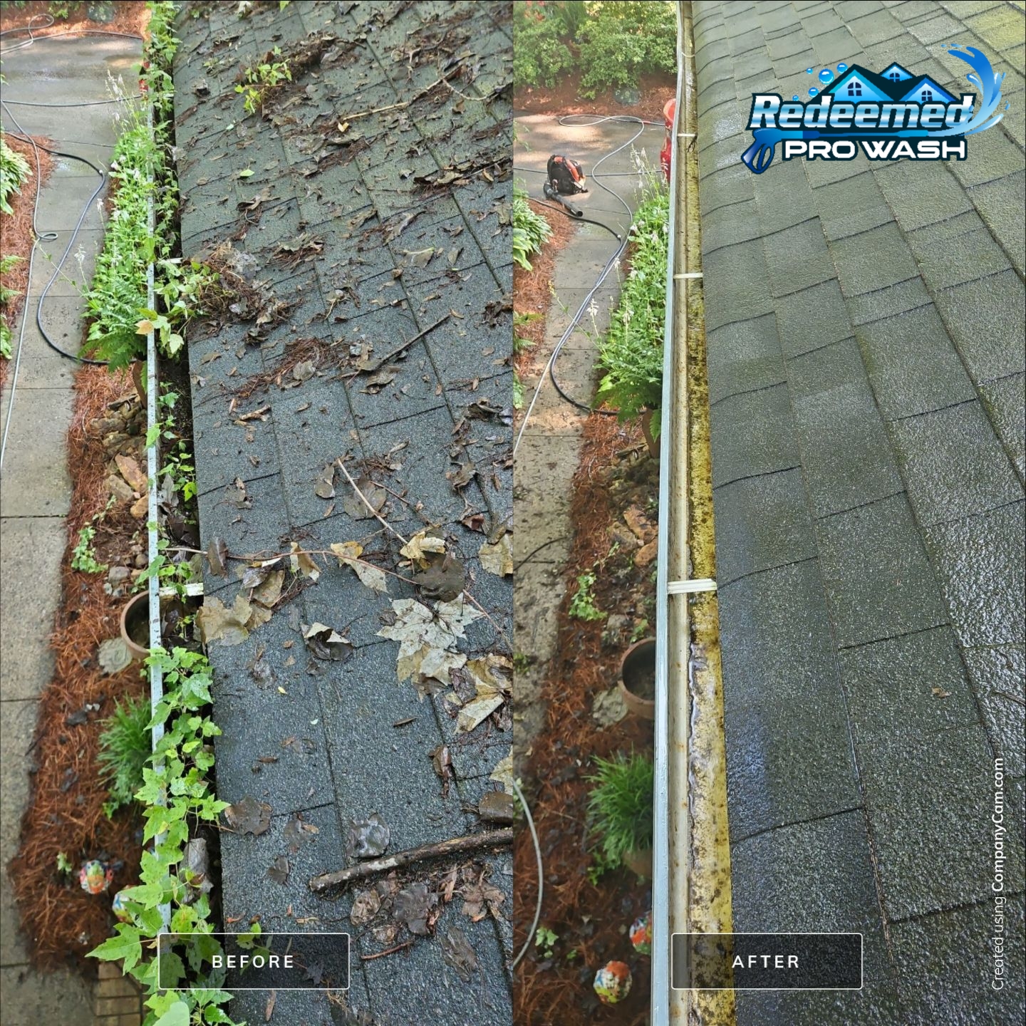 Before and after Gutter Cleaning & Brightening by Redeemed Pro Wash in North Carolina