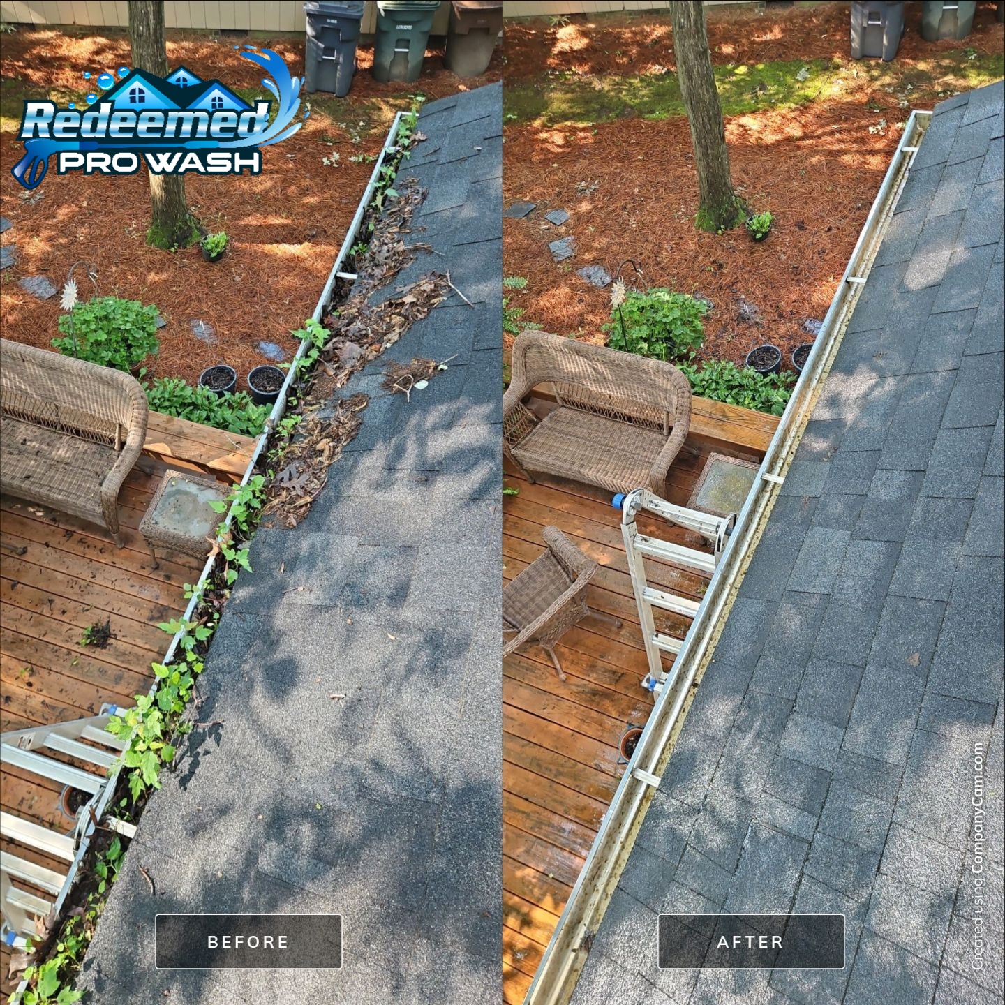 Before and after Gutter Cleaning & Brightening by Redeemed Pro Wash in North Carolina